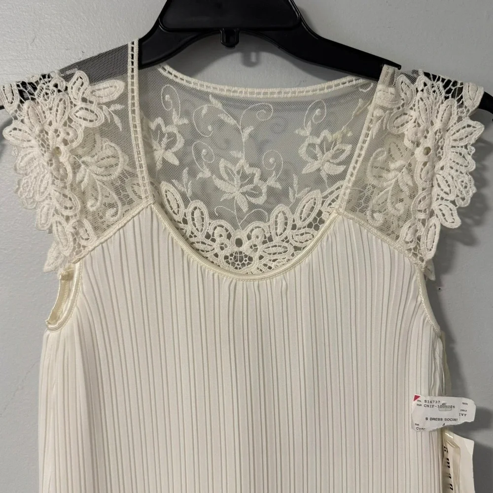 Amanda‎ Lane Ivory Pleated Lace Cap Sleeve Shift Dress Size 4 New With Tags VTG